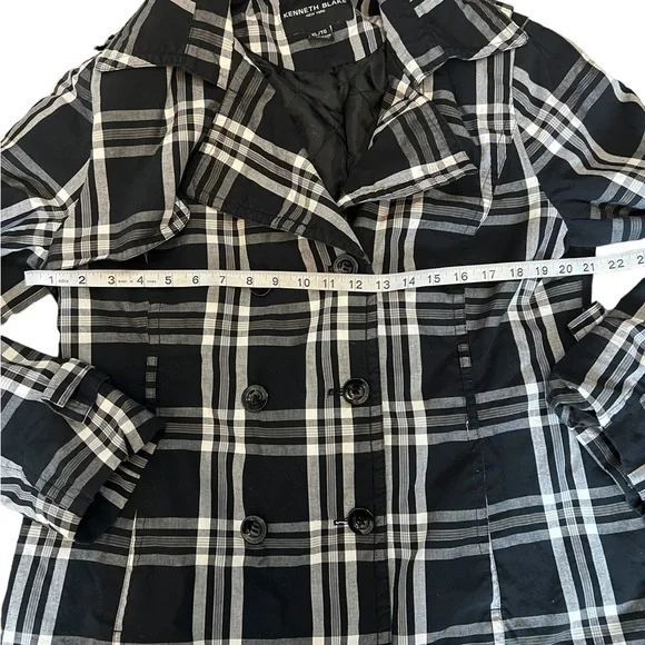 KENNETH BLAKE Black White Plaid Double Breasted Button Short Lightweight Jacket - Picture 6 of 8